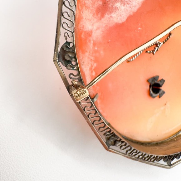 Antique Hand Carved Shell Cameo Habillé Brooch/Pendant 14k/10k Filigree Diamond - Picture 8 of 13